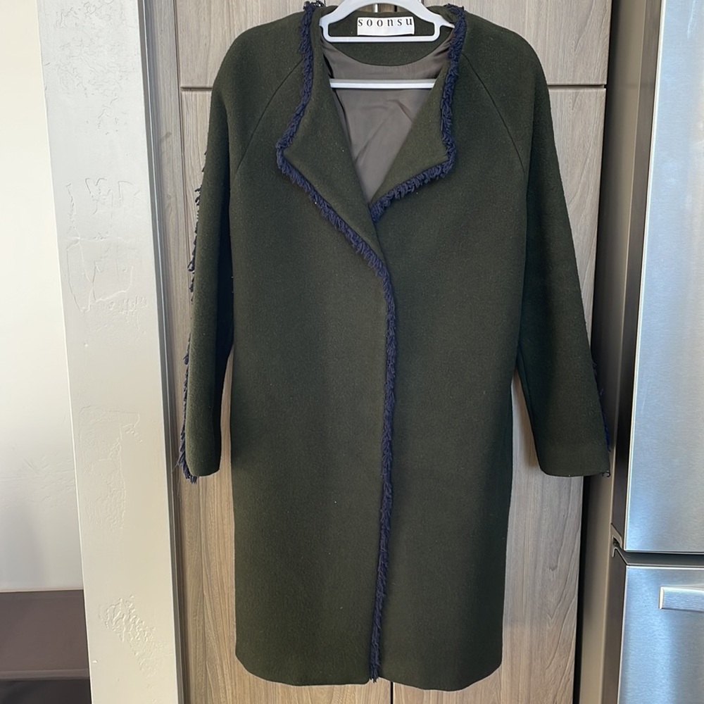 SOONSU Raw Trimming Long Coat Olive Green 90% wool